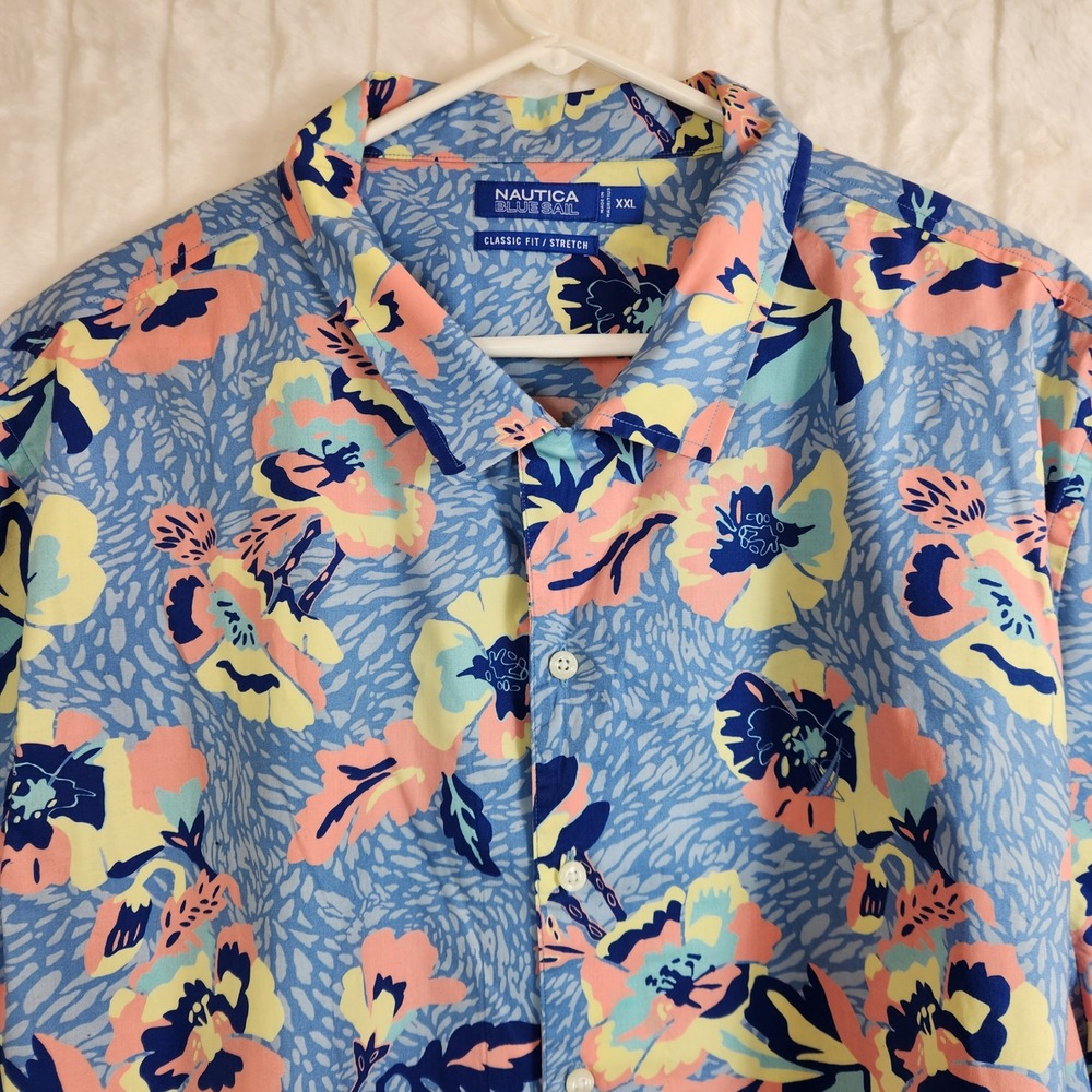 Nautica Blue Sail Mens XXL Tropical Floral Button Up Shirt Classic Fit Stretch